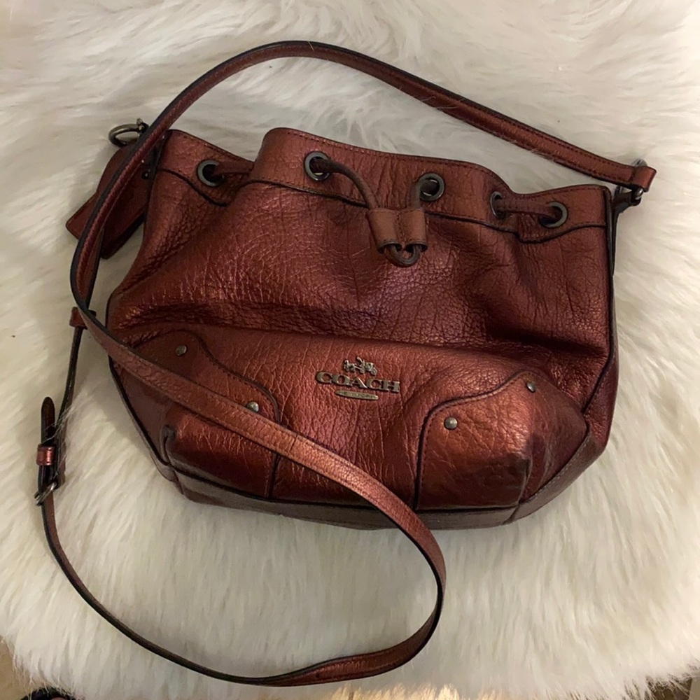 Metallic Coach Crossbody Bucket Bag